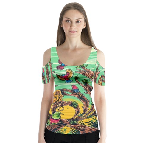 Monkey Tiger Bird Parrot Forest Jungle Style Butterfly Sleeve Cutout Tee  by Grandong