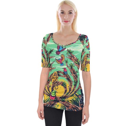 Monkey Tiger Bird Parrot Forest Jungle Style Wide Neckline Tee by Grandong