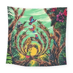 Monkey Tiger Bird Parrot Forest Jungle Style Square Tapestry (large) by Grandong