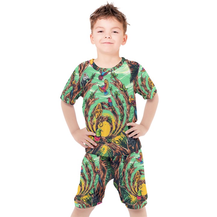 Monkey Tiger Bird Parrot Forest Jungle Style Kids  Tee and Shorts Set