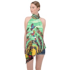 Monkey Tiger Bird Parrot Forest Jungle Style Halter Asymmetric Satin Top