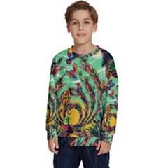 Monkey Tiger Bird Parrot Forest Jungle Style Kids  Crewneck Sweatshirt by Grandong