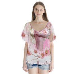 Women with flowers V-Neck Flutter Sleeve Top