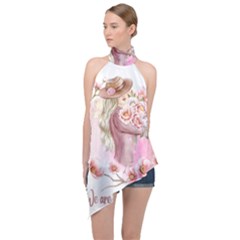 Women with flowers Halter Asymmetric Satin Top