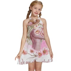 Women with flowers Kids  Halter Collar Waist Tie Chiffon Dress