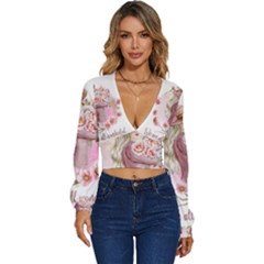 Women with flowers Long Sleeve Deep-V Velour Top