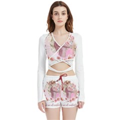 Women with flower Velvet Wrap Crop Top and Shorts Set