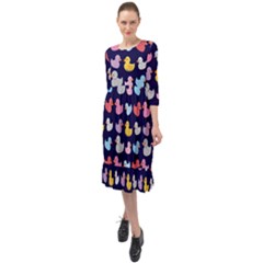 Micro Duck Pattern Ruffle End Midi Chiffon Dress