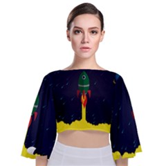 Rocket Halftone Astrology Astronaut Tie Back Butterfly Sleeve Chiffon Top