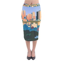 City Buildings Urban Dawn Velvet Midi Pencil Skirt