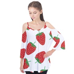 Seamless Pattern Fresh Strawberry Flutter Sleeve Tee 