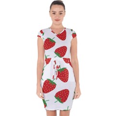 Seamless Pattern Fresh Strawberry Capsleeve Drawstring Dress 