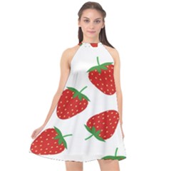 Seamless Pattern Fresh Strawberry Halter Neckline Chiffon Dress 