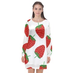 Seamless Pattern Fresh Strawberry Long Sleeve Chiffon Shift Dress 