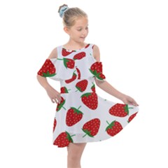 Seamless Pattern Fresh Strawberry Kids  Shoulder Cutout Chiffon Dress