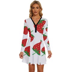 Seamless Pattern Fresh Strawberry Long Sleeve Deep V Mini Dress  by Bangk1t