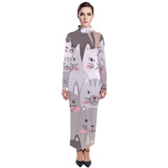 Cute Cats Seamless Pattern Turtleneck Maxi Dress