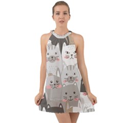 Cute Cats Seamless Pattern Halter Tie Back Chiffon Dress