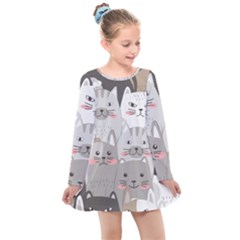 Cute Cats Seamless Pattern Kids  Long Sleeve Dress