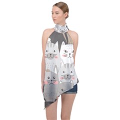 Cute Cats Seamless Pattern Halter Asymmetric Satin Top