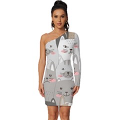 Cute Cats Seamless Pattern Long Sleeve One Shoulder Mini Dress by Bangk1t