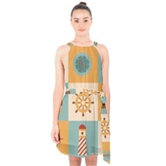 Nautical Elements Collection Halter Collar Waist Tie Chiffon Dress