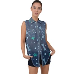 Bons Foot Prints Pattern Background Sleeveless Chiffon Button Shirt