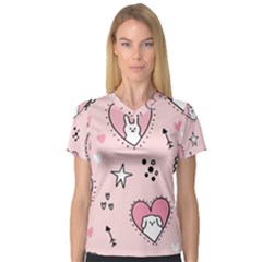 Cartoon Cute Valentines Day Doodle Heart Love Flower Seamless Pattern Vector V-neck Sport Mesh Tee