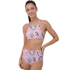 Cartoon Cute Valentines Day Doodle Heart Love Flower Seamless Pattern Vector Halter Tankini Set by Bangk1t