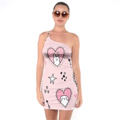 Cartoon Cute Valentines Day Doodle Heart Love Flower Seamless Pattern Vector One Shoulder Ring Trim Bodycon Dress