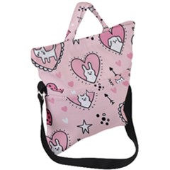 Cartoon Cute Valentines Day Doodle Heart Love Flower Seamless Pattern Vector Fold Over Handle Tote Bag