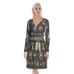 Asian-set With Clouds Moon-sun Stars Vector Collection Oriental Chinese Japanese Korean Style Long Sleeve Velvet Front Wrap Dress