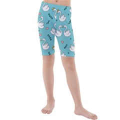 Elegant Swan Pattern Design Kids  Mid Length Swim Shorts