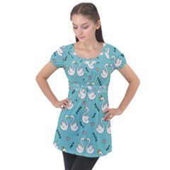 Elegant Swan Pattern Design Puff Sleeve Tunic Top