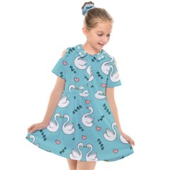 Elegant Swan Pattern Design Kids  Short Sleeve Shirt Dress