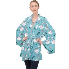 Elegant Swan Pattern Design Long Sleeve Velvet Kimono 