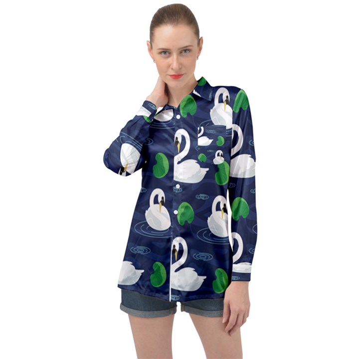 Swan Pattern Elegant Design Long Sleeve Satin Shirt