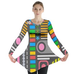 Pattern Geometric Abstract Colorful Arrows Lines Circles Triangles Long Sleeve Tunic 