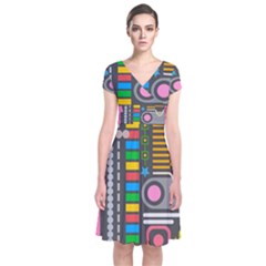 Pattern Geometric Abstract Colorful Arrows Lines Circles Triangles Short Sleeve Front Wrap Dress