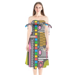 Pattern Geometric Abstract Colorful Arrows Lines Circles Triangles Shoulder Tie Bardot Midi Dress by Bangk1t