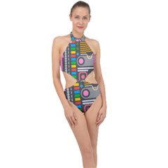 Pattern Geometric Abstract Colorful Arrows Lines Circles Triangles Halter Side Cut Swimsuit by Bangk1t
