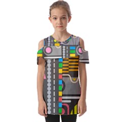 Pattern Geometric Abstract Colorful Arrows Lines Circles Triangles Fold Over Open Sleeve Top