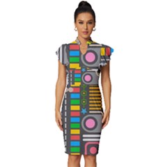 Pattern Geometric Abstract Colorful Arrows Lines Circles Triangles Vintage Frill Sleeve V-neck Bodycon Dress