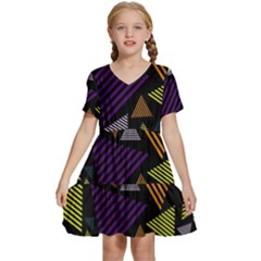 Abstract Pattern Design Various Striped Triangles Decoration Kids  Short Sleeve Tiered Mini Dress