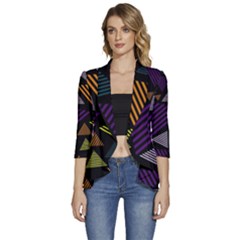 Abstract Pattern Design Various Striped Triangles Decoration Women s 3/4 Sleeve Ruffle Edge Open Front Jacket by Bangk1t