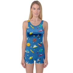 Space Rocket Solar System Pattern One Piece Boyleg Swimsuit