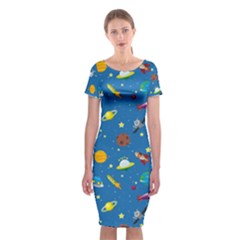 Space Rocket Solar System Pattern Classic Short Sleeve Midi Dress