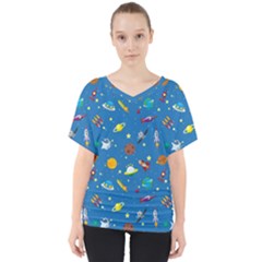 Space Rocket Solar System Pattern V-Neck Dolman Drape Top