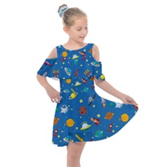 Space Rocket Solar System Pattern Kids  Shoulder Cutout Chiffon Dress by Bangk1t