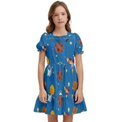 Space Rocket Solar System Pattern Kids  Puff Sleeved Dress